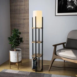 Vloerlamp 8115, zwart/goud/wit, metaal/canvas, hoogte 130 cm