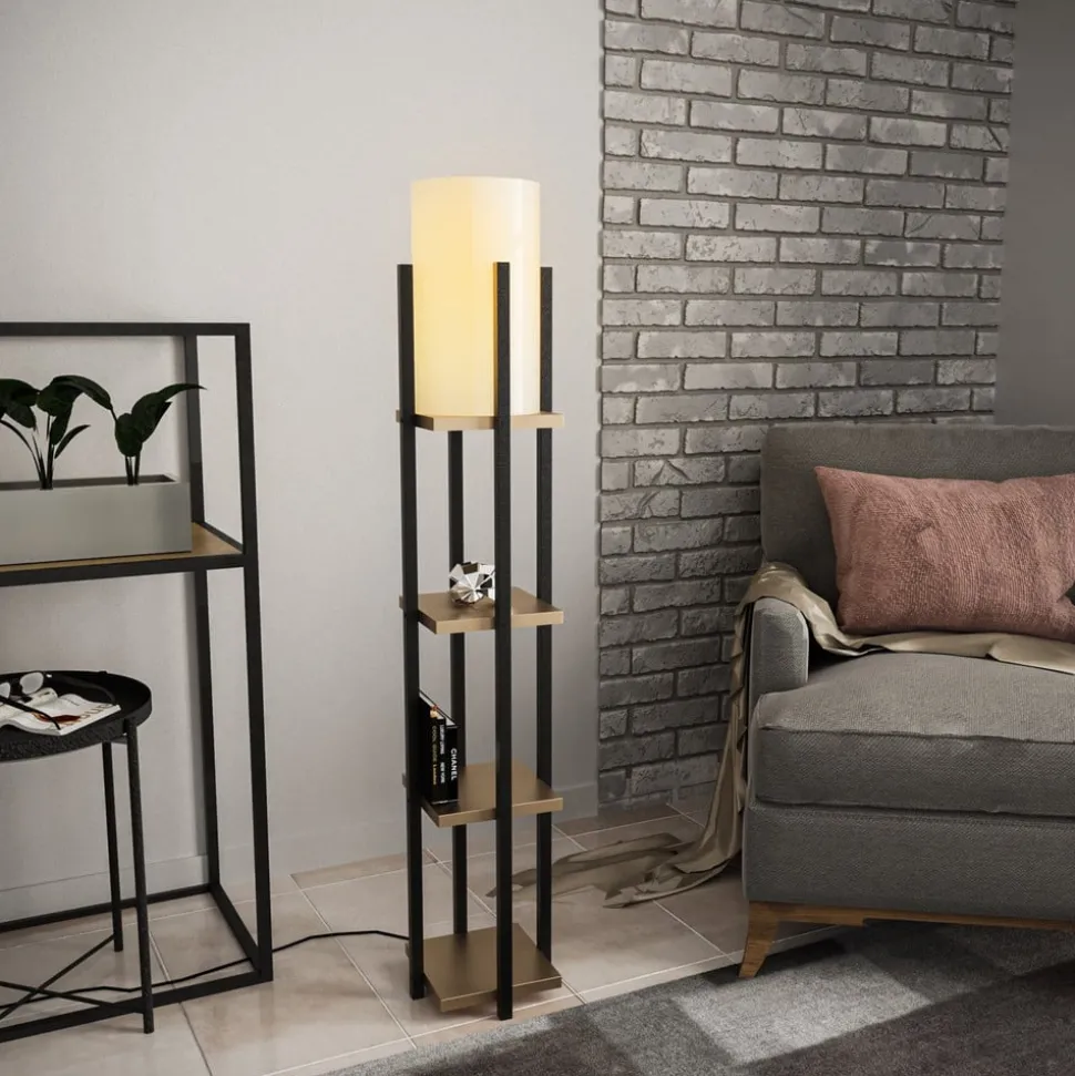 Vloerlamp 8115, zwart/goud/wit, metaal/canvas, hoogte 130 cm