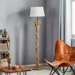 Vloerlamp Agar met stoffen kap en houten element