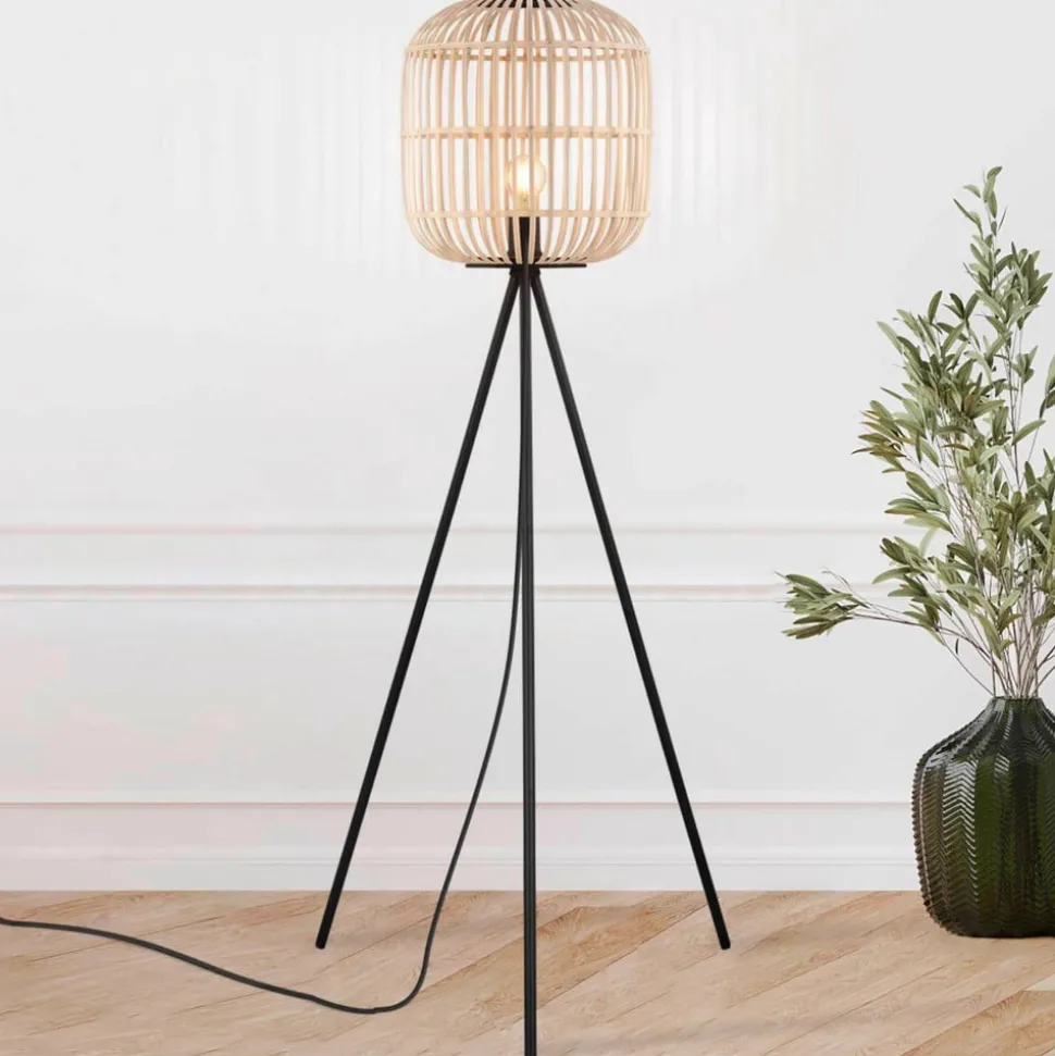 Vloerlamp Bordesley driebeen met houten kap