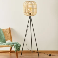 Vloerlamp Bordesley driebeen met houten kap