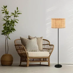 Vloerlamp Borra, natuurlijke kleur, metaal, stro, E27