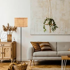 Vloerlamp Borra, natuurlijke kleur, metaal, stro, E27