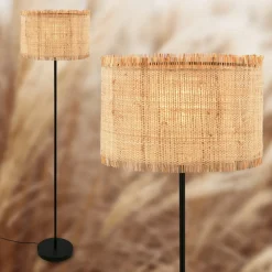 Vloerlamp Borra, natuurlijke kleur, metaal, stro, E27