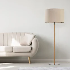 Vloerlamp Deva Nature, textiel, hout