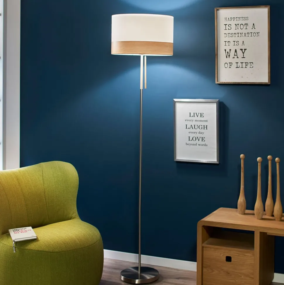 Vloerlamp Libba crème-hout - met trekschakelaar