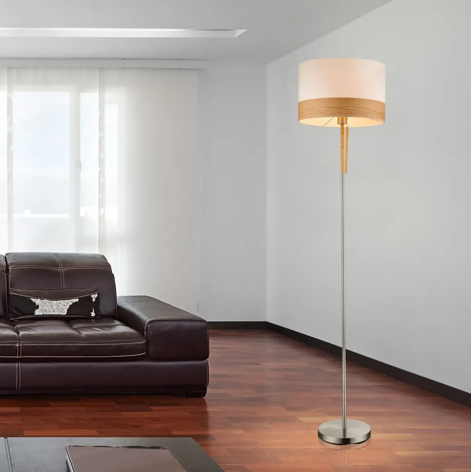 Vloerlamp Libba crème-hout - met trekschakelaar