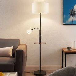 Vloerlamp Lindby Aovan, zwart, plank, USB-aansluiting