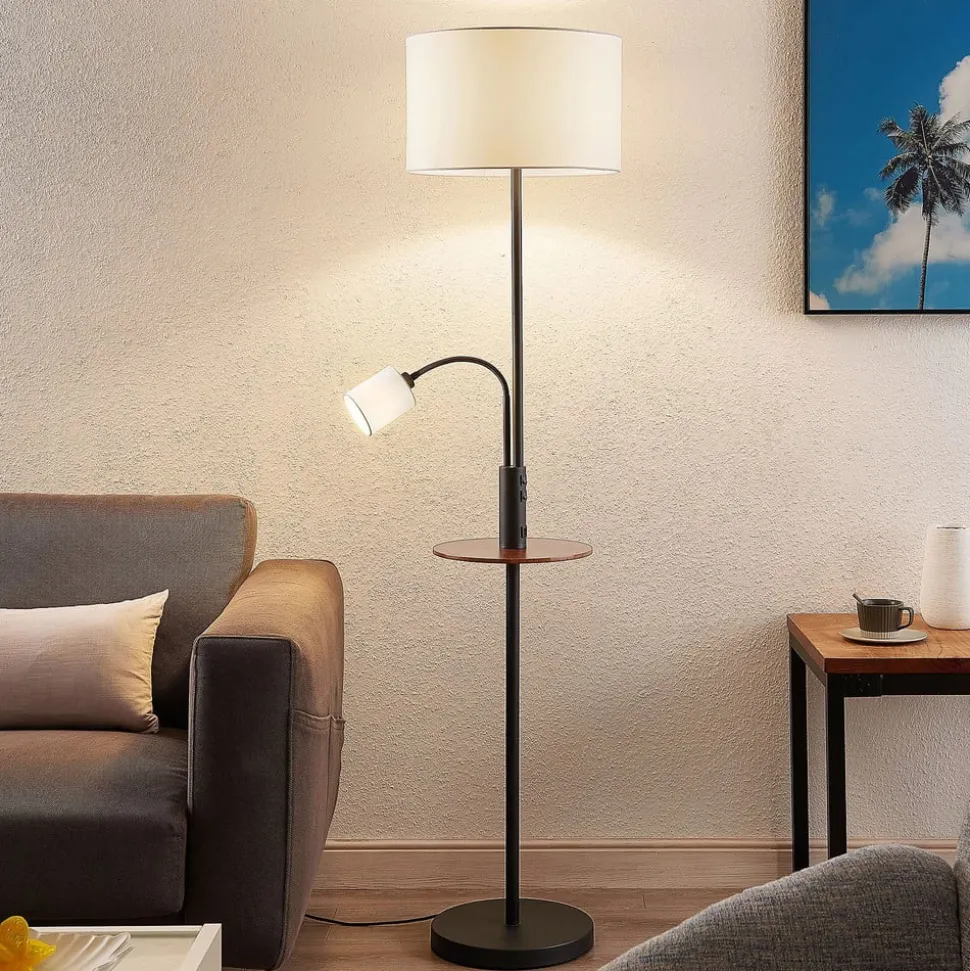 Vloerlamp Lindby Aovan, zwart, plank, USB-aansluiting