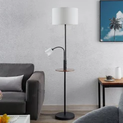 Vloerlamp Lindby Aovan, zwart, plank, USB-aansluiting