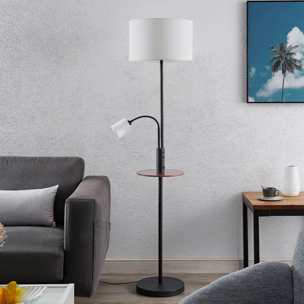 Vloerlamp Lindby Aovan, zwart, plank, USB-aansluiting