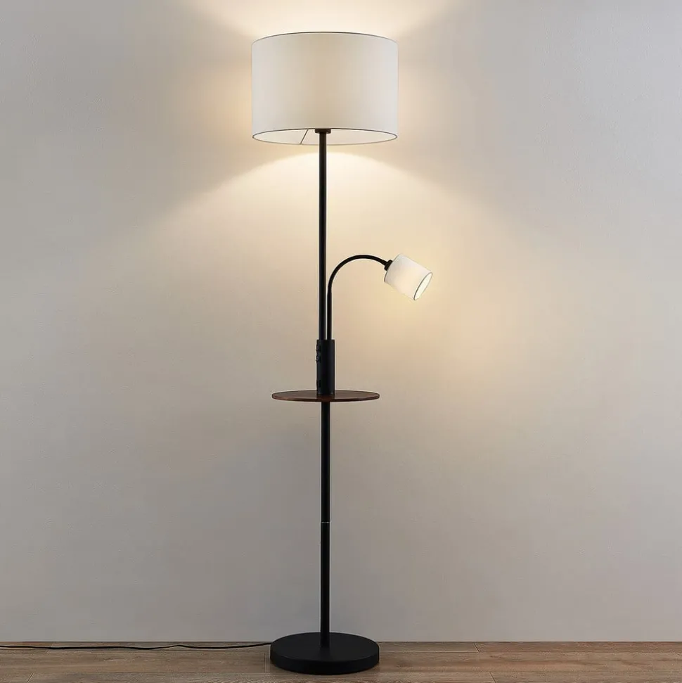 Vloerlamp Lindby Aovan, zwart, plank, USB-aansluiting