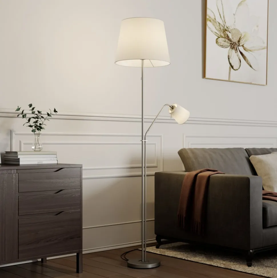 Vloerlamp Lindby Nantwin, 175 cm, wit, nikkel, textiel