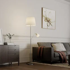 Vloerlamp Lindby Nantwin, 175 cm, wit, nikkel, textiel
