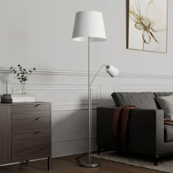 Vloerlamp Lindby Nantwin, 175 cm, wit, nikkel, textiel