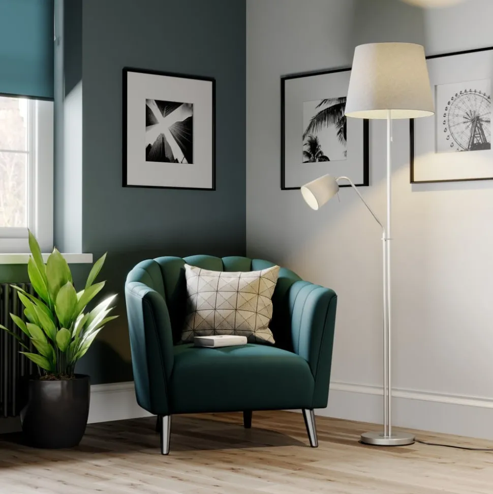 Vloerlamp Lindby Nantwin, 175 cm, grijs, nikkel, textiel