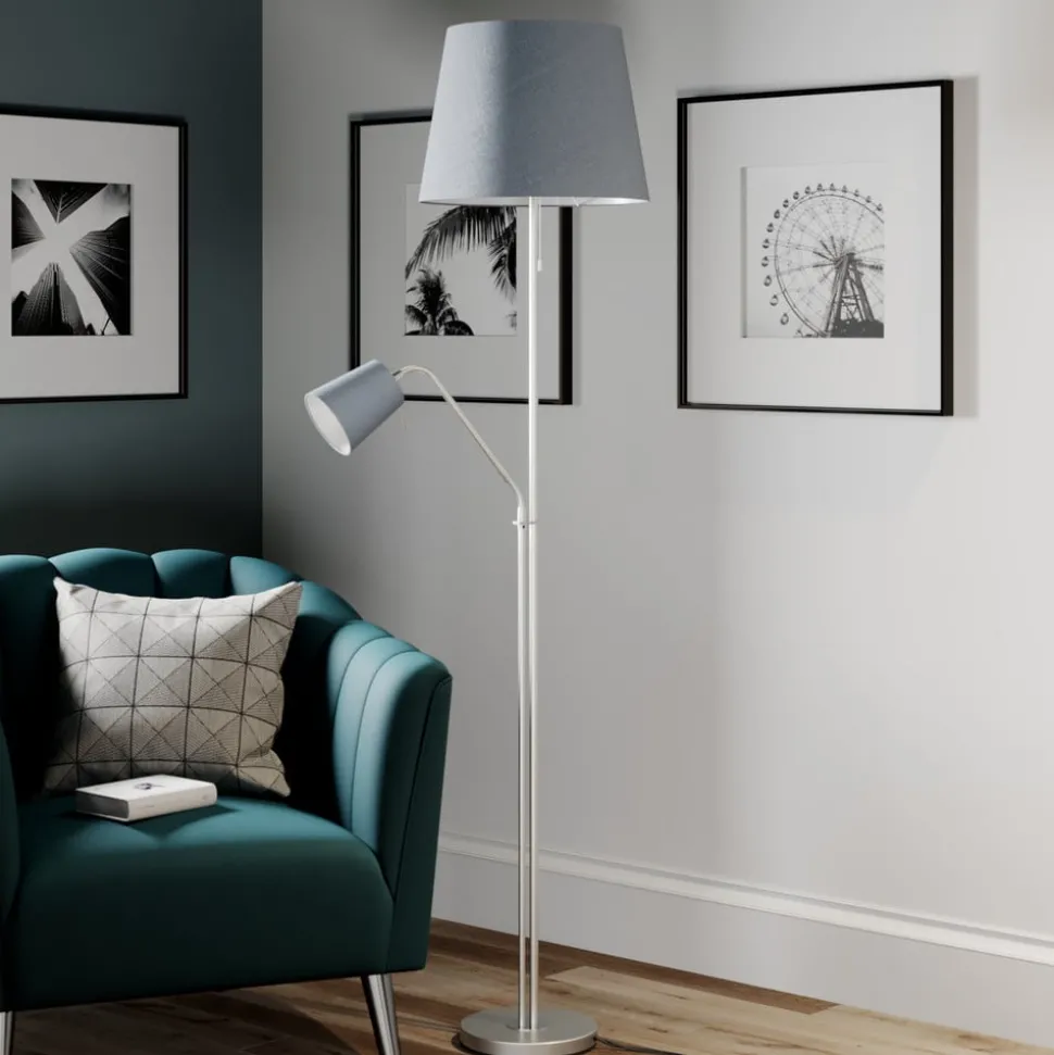 Vloerlamp Lindby Nantwin, 175 cm, grijs, nikkel, textiel