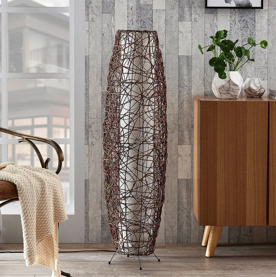 Vloerlamp Lindby Nias, hoogte 111 cm, rotan, textiel