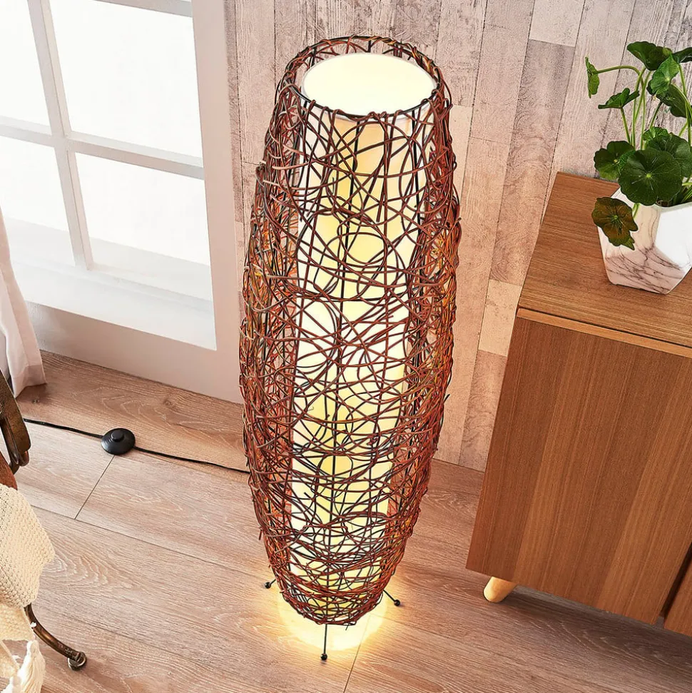Vloerlamp Lindby Nias, hoogte 111 cm, rotan, textiel