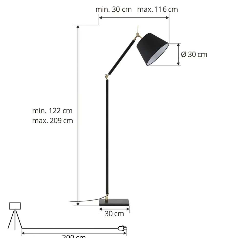 Vloerlamp Lucande Marvaine, zwart/goudkleurig, verstelbaar