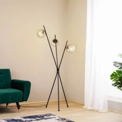 Vloerlamp Lucande Sotiana, 3 glazen bollen, zwart