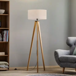 Vloerlamp Maira, driepoot, eiken geolied, wit