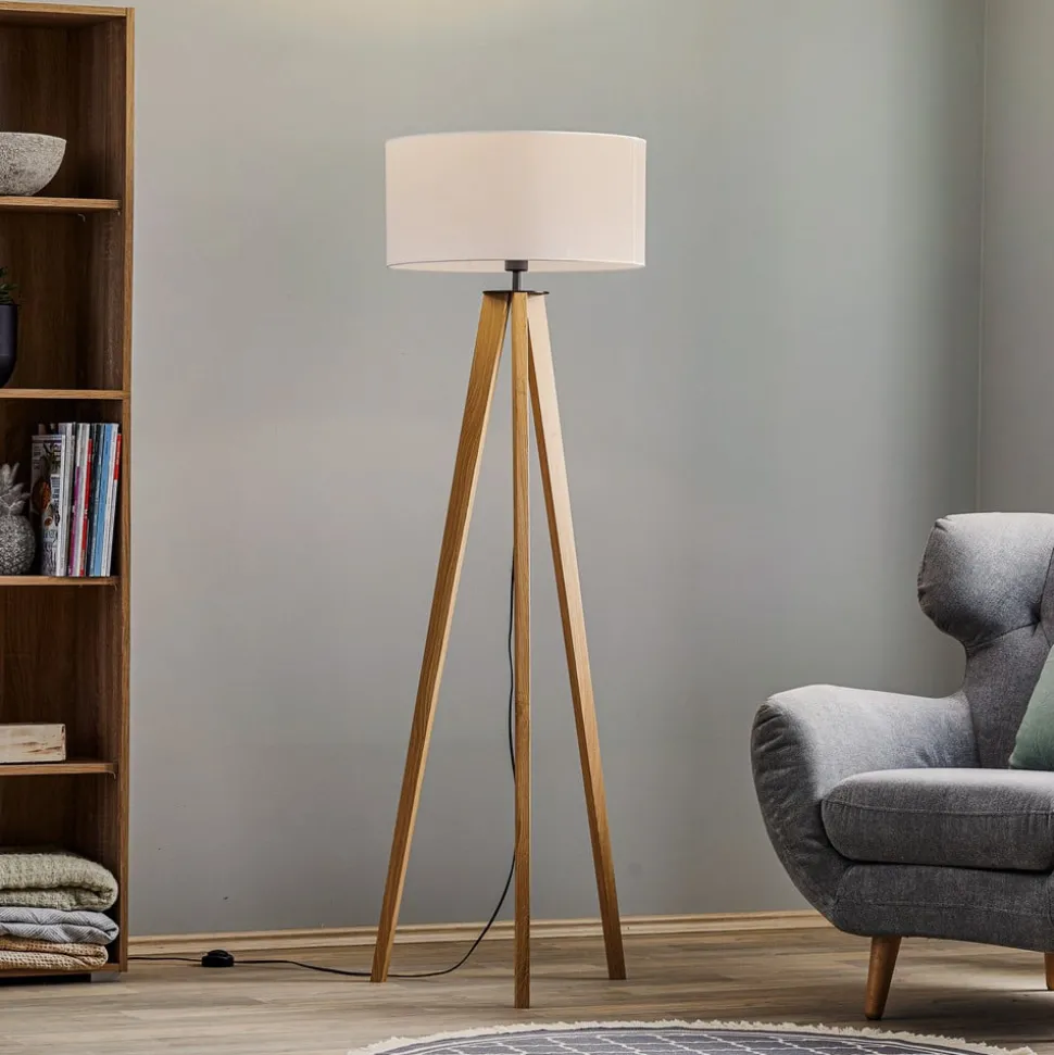 Vloerlamp Maira, driepoot, eiken geolied, wit