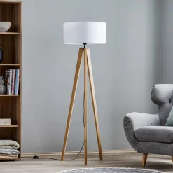 Vloerlamp Maira, driepoot, eiken geolied, wit