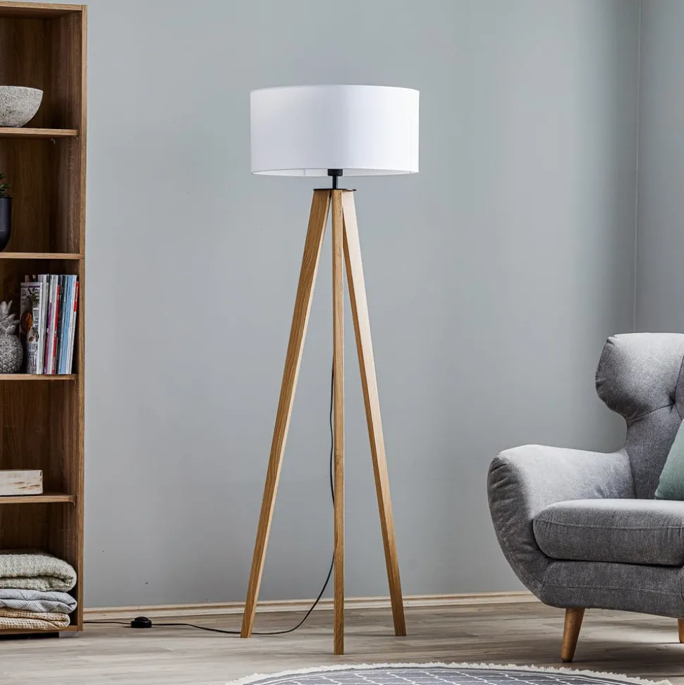 Vloerlamp Maira, driepoot, eiken geolied, wit