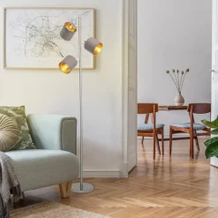 Vloerlamp Maron, 3-lamps, textiel, bruin/goud