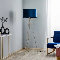 Vloerlamp Monaco, driepoot goud, blauw fluweel