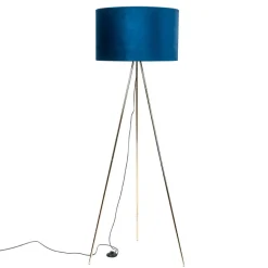 Vloerlamp Monaco, driepoot goud, blauw fluweel