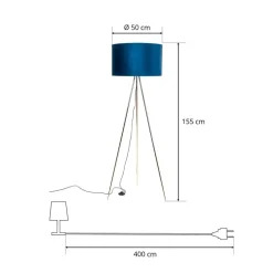 Vloerlamp Monaco, driepoot goud, blauw fluweel