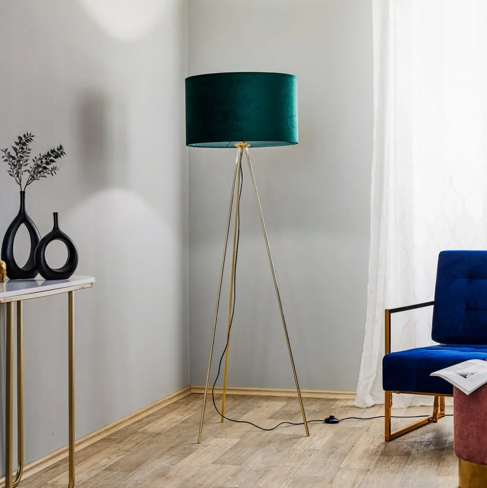 Vloerlamp Monaco, driepoot goud, groen fluweel