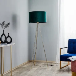 Vloerlamp Monaco, driepoot goud, groen fluweel