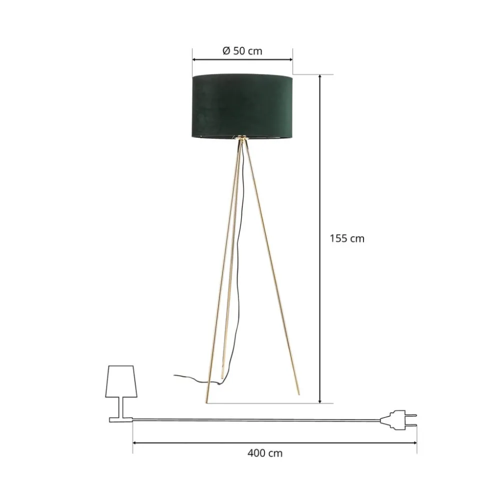 Vloerlamp Monaco, driepoot goud, groen fluweel