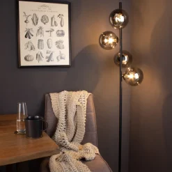 Vloerlamp Neptun met rookglasbol, zwart