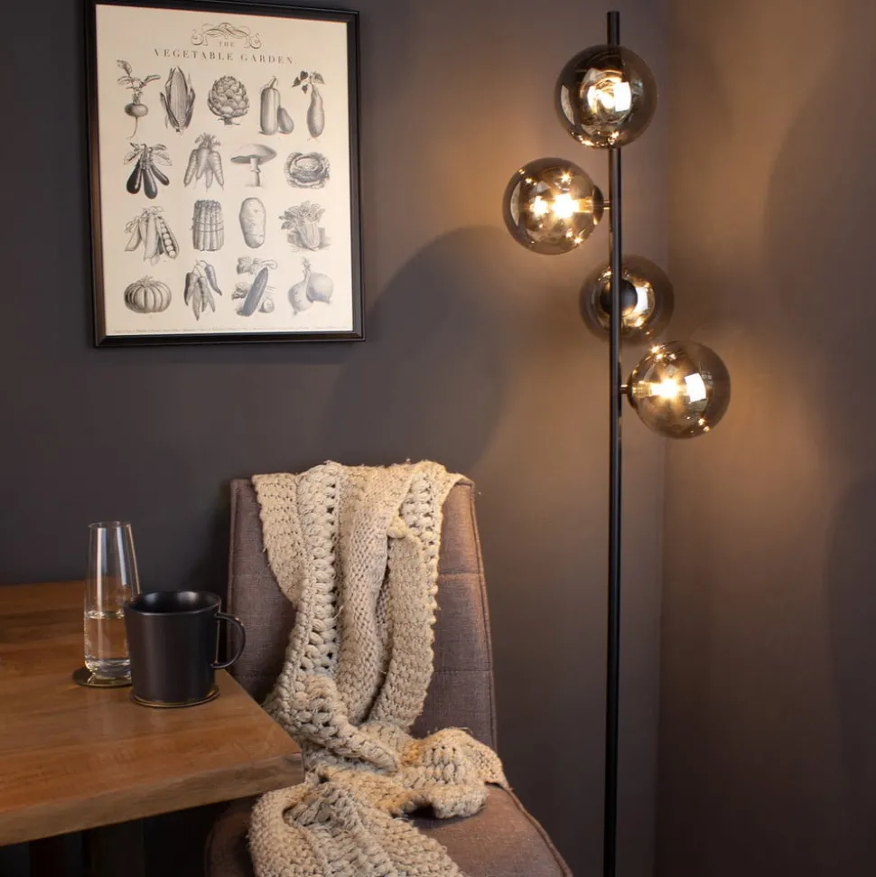 Vloerlamp Neptun met rookglasbol, zwart