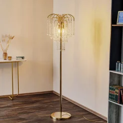 Vloerlamp Pioggia met kristallen regen, goud
