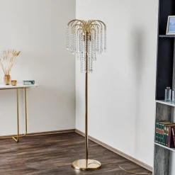 Vloerlamp Pioggia met kristallen regen, goud
