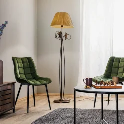 Vloerlamp Quercia, stoffen kap en eikenbladeren