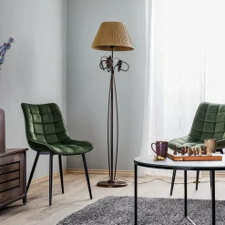 Vloerlamp Quercia, stoffen kap en eikenbladeren