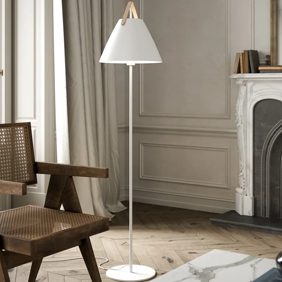 Vloerlamp Strap van metaal met leren band, wit