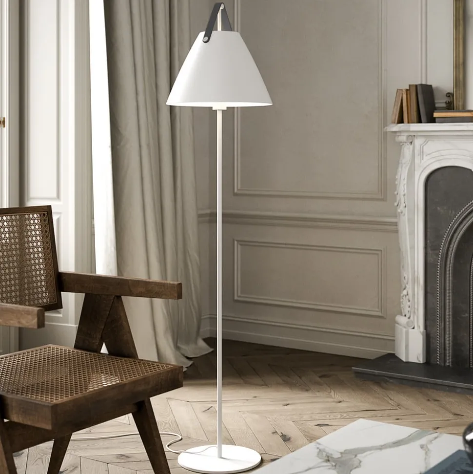 Vloerlamp Strap van metaal met leren band, wit