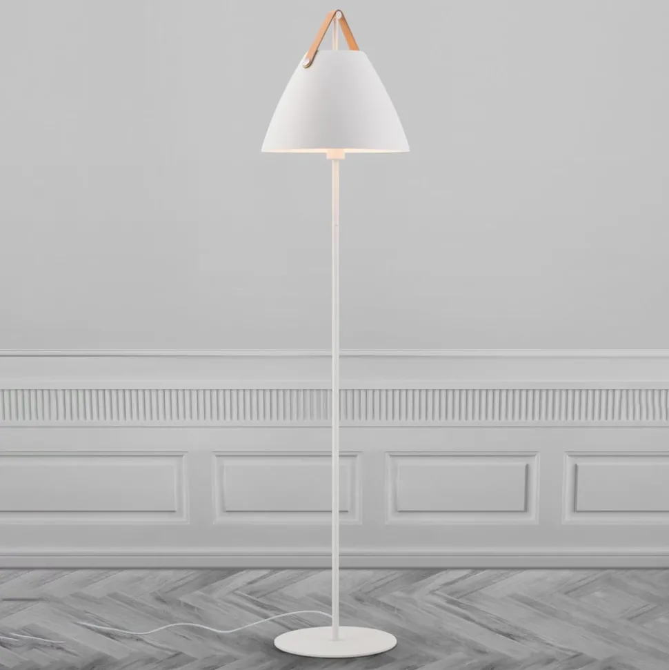 Vloerlamp Strap van metaal met leren band, wit