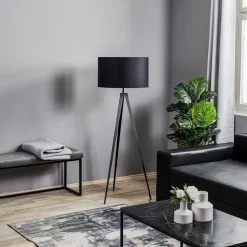 Vloerlamp Tago, driepoot, kap zwart/goud