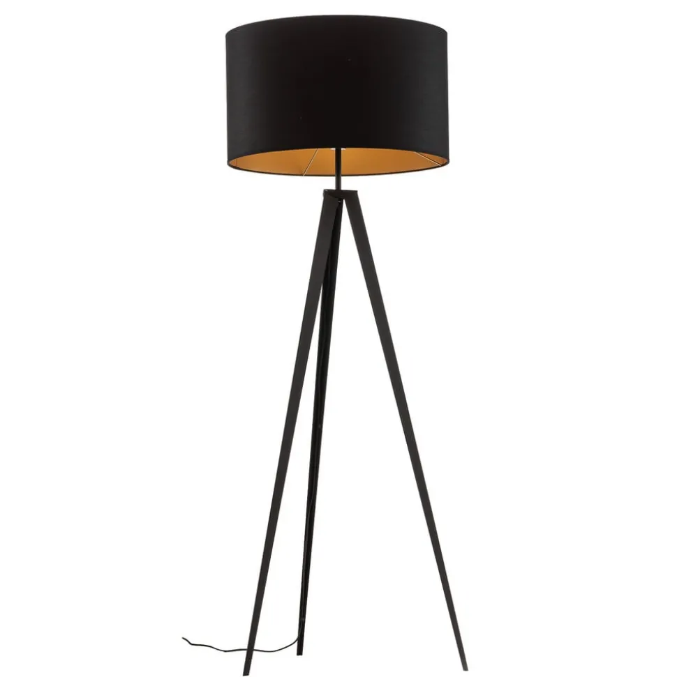 Vloerlamp Tago, driepoot, kap zwart/goud