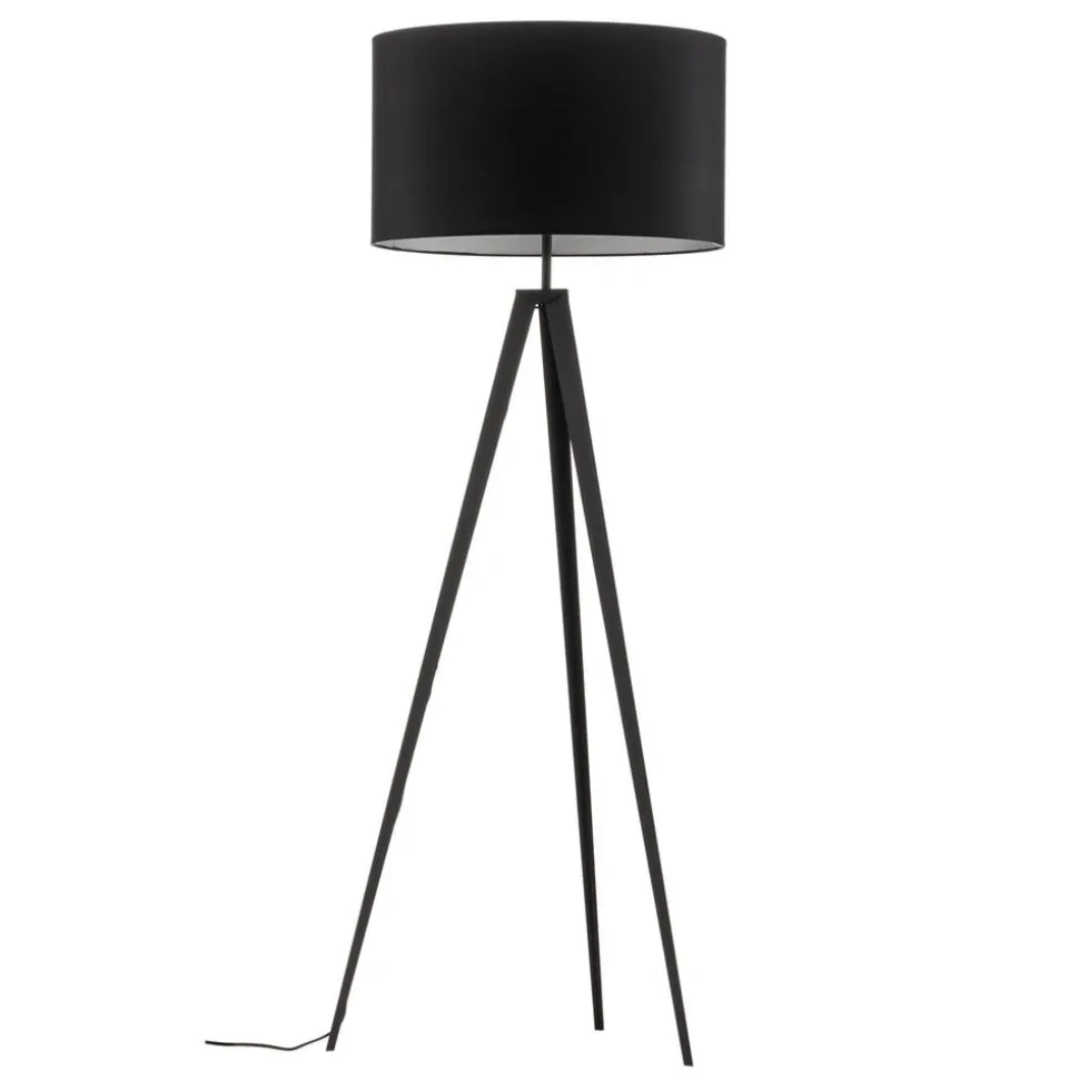 Vloerlamp Tago, driepoot, kap zwart/zilver