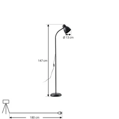 Vloerlamp Tebbi, zwart, metaal, hoogte 150 cm