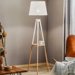 Vloerlamp Vaio driepoot houten frame, witte kap